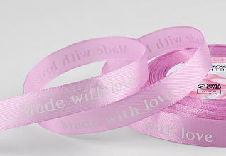 Лента атласная 15мм "Made with love" Сиреневый/Белый (рул.22,86м)