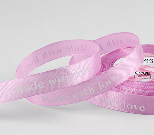 Лента атласная 15мм "Made with love" Сиреневый/Белый (рул.22,86м)